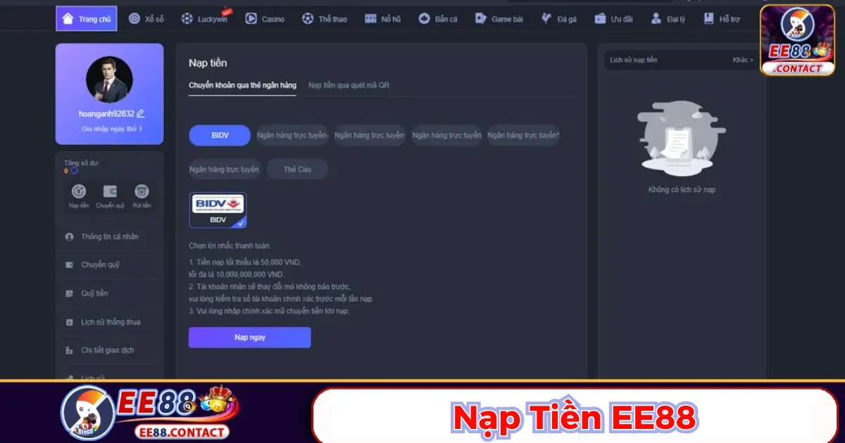 Nạp rút tiền ee88 nhà cái ra sao? Hỗ trợ nhanh chóng, tiện lợi!